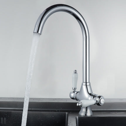 Chrome kitchen faucet with water flowing into a sink against a neutral background