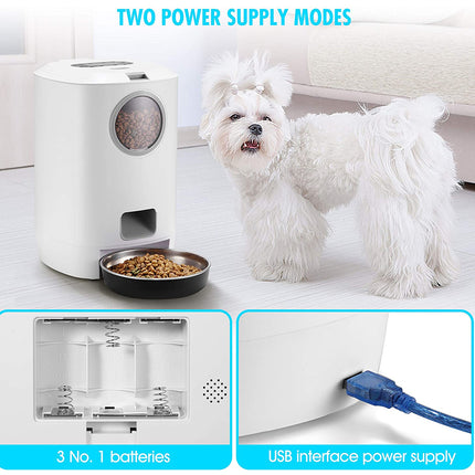 White dog standing next to a pet food dispenser with power supply modes highlighted.