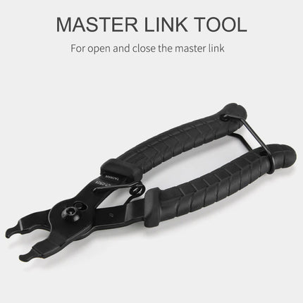 Black master link tool on a white background with text indicating its purpose.