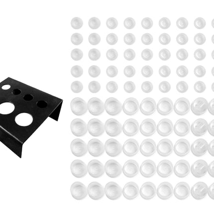 Black metal bracket with white plastic beads on a white background