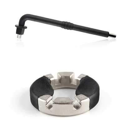 Metal tool with black handle and rubber cushioned design on a white background