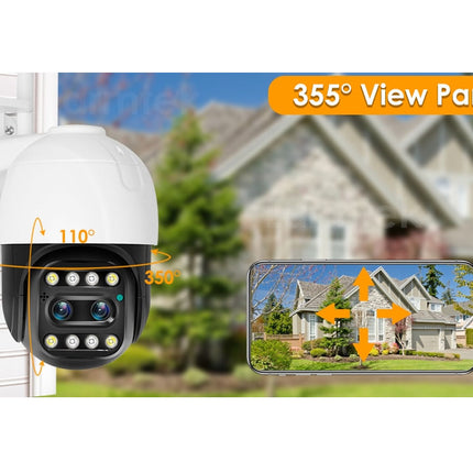 A dome-style security camera shown mounted on a wall, with orange arrows and text indicating a 355° view pan and 110° tilt. A small inset shows a house scene with arrows demonstrating the wide coverage.