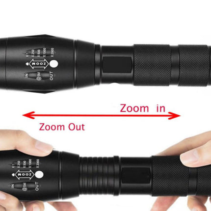 Black flashlight with zoom function held by hands on a white background