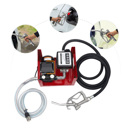 A red portable fuel transfer pump with a black hose, metal nozzle, and digital display, shown on a white background with three circular inset photos demonstrating its use at a fuel door.