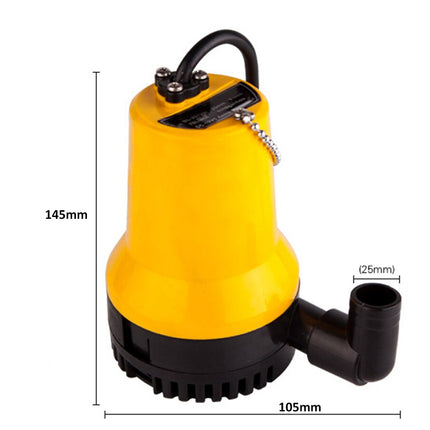 Yellow and black submersible pump with measurements on a white background