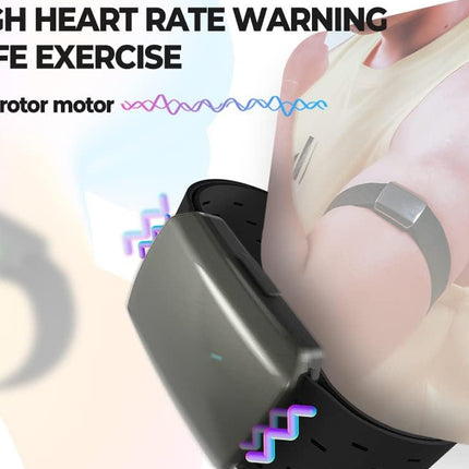 Heart rate monitoring device on a person's chest with text about high heart rate warning and safe exercise.