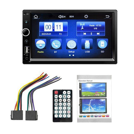 Car stereo system with touchscreen display, wiring harness, remote control, and manual on a white background