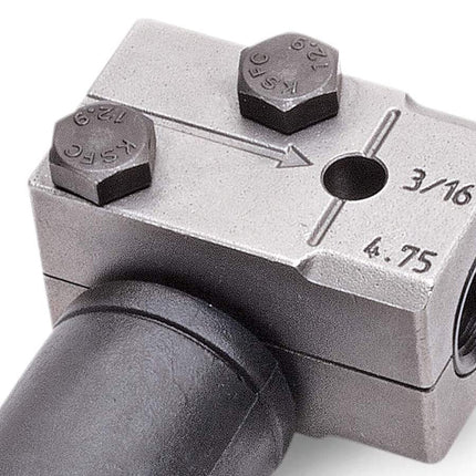Metal tool with measurement markings on a white background