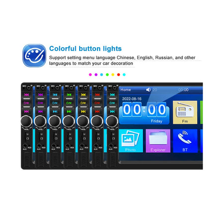 A car stereo headunit display with colorful illuminated button lights and a blue touch screen interface, shown on a white background with descriptive text above.