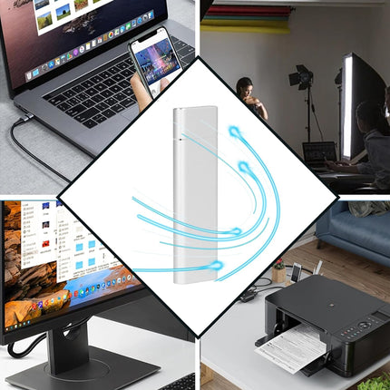 Collage of a laptop, smartphone, computer monitor, and printer with a central focus on a device with blue arrows indicating airflow.