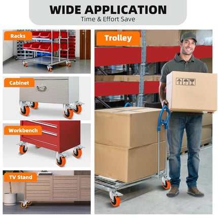 Collage of storage solutions including trolleys, cabinets, and workbenches with a person using a trolley.
