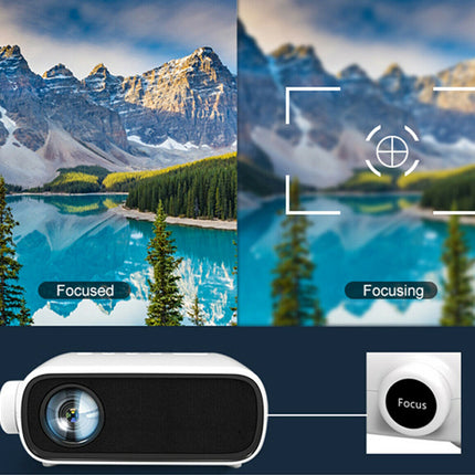 Projector with focus mechanism displayed against a scenic mountain and lake background.