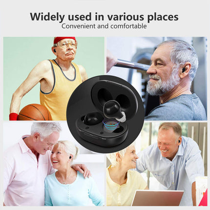 Black earbud with text 'Widely used in various places, Convenient and comfortable' above images of people interacting.