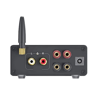 Rear view of a black audio receiver or amplifier with a single black antenna, red and white RCA inputs, gold-toned speaker jacks, and a power button on a white background.