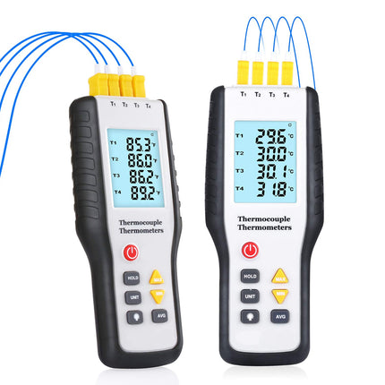 Two handheld thermocouple thermometers with yellow probe connectors, shown on a white background with blue wire graphics above them.