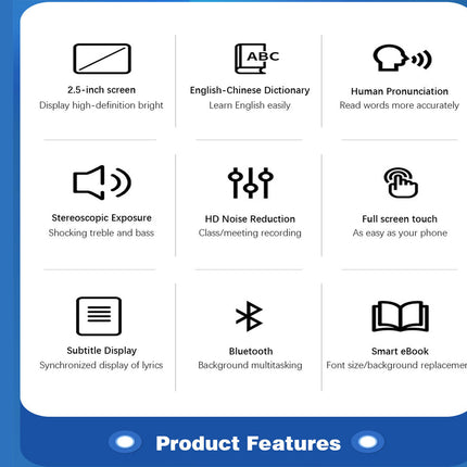 A blue and white product features graphic showing a 3x3 grid of icons and text describing features such as a 2.5-inch screen, English-Chinese dictionary, human pronunciation, stereoscopic exposure, HD noise reduction, full screen touch, subtitle display, Bluetooth, and smart eBook replacement.
