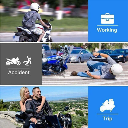 Collage of a person working, having an accident, and on a trip with a motorcycle.