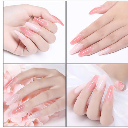 Collage of hands with pink nail polish on a white background