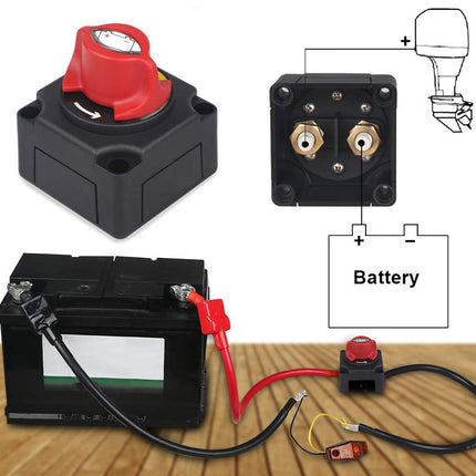 Electrical components including a red switch, black box with connectors, battery, and wiring diagram on a wooden surface.
