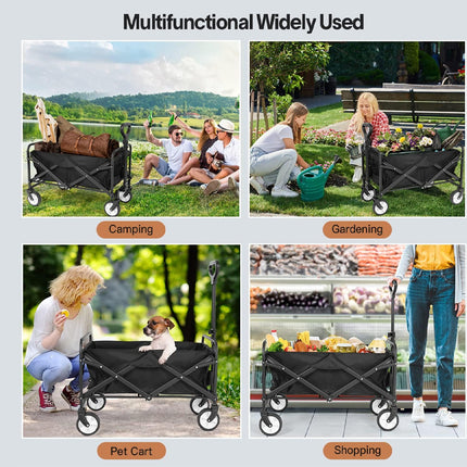 Multifunctional cart used for camping, gardening, pet care, and shopping with people using it in various settings.