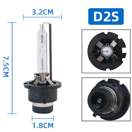 Car headlight bulb with dimensions and 'D2S' label on a white background
