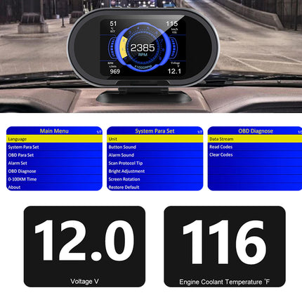 Car HUD Head-Up Display - with OBD2 Scanner Tool| 3.5" LCD Digital Speedometer & Temp Gauge Over-Speed Alarm Check Engine Reader