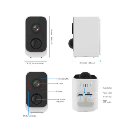 Technical diagram of a security camera with dimensions and feature labels on a white background