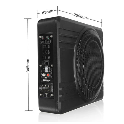Black subwoofer with dimensions labeled on a white background