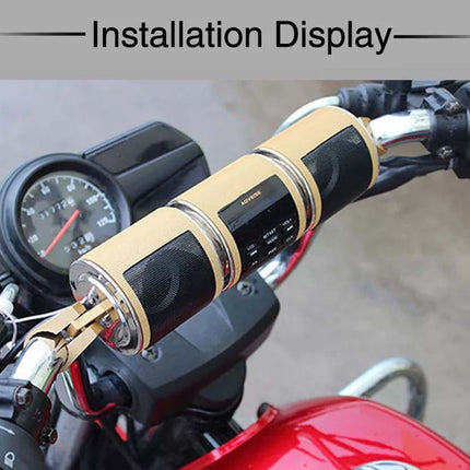 A motorcycle handlebar accessory with a tan and black cylindrical design, mounted over the speedometer and throttle area. The image includes a gray banner at the top with the text 'Installation Display'.