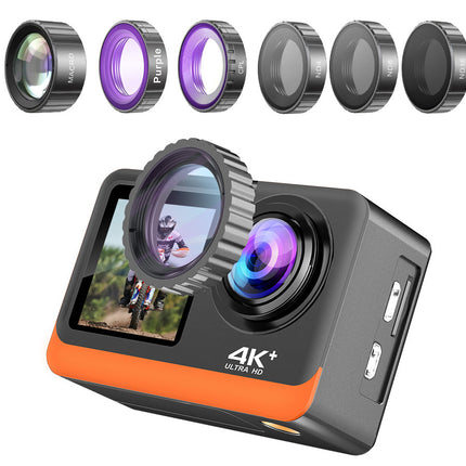 Action camera with lens filters on a white background