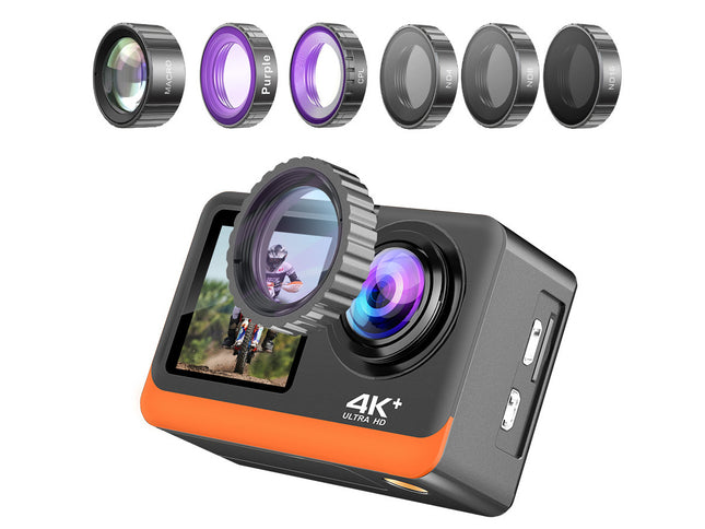 Action camera with lens filters on a white background