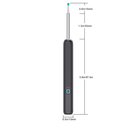 Black handheld tool with measurements on a white background
