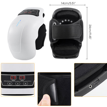 A white and black electric head massage device shown on a white background with dimension annotations (14cm width and 26cm height) and three inset detail views showing the control panel, fabric texture, and charging port.