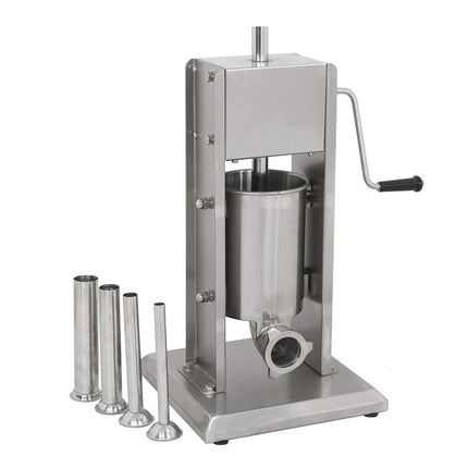Stainless steel manual meat grinder with attachments on a white background