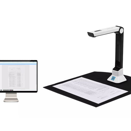 Document camera with a document on a stand next to a computer screen displaying software interface.