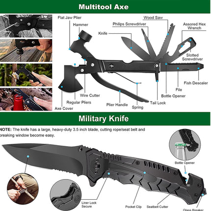 A product infographic for a multitool axe military knife, showing a black multi-tool knife with labeled features such as flat jaw pliers, hammer, screwdriver, saw, and bottle opener. The layout includes small inset photos of the knife in use and text sections on a white background with green headers.