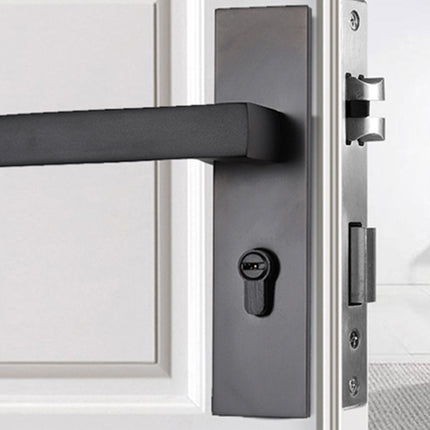 Close-up of a door handle and lock mechanism on a white door