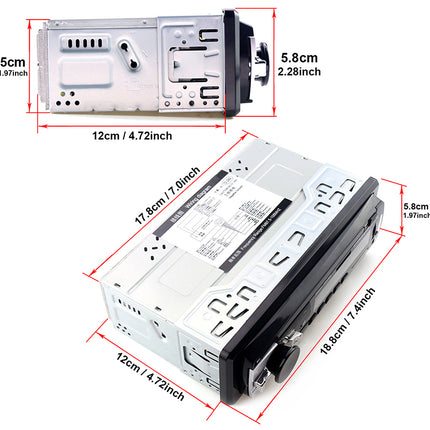 Measurement chart of a car stereo unit with dimensions labeled.