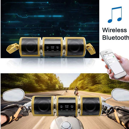 A 3-in-1 motorcycle dashboard speaker system with gold and black finish, shown in a top panel with a smartphone displaying a music app under the text 'Wireless Bluetooth' and a bottom panel mounted on a motorcycle dashboard while riding on a road.