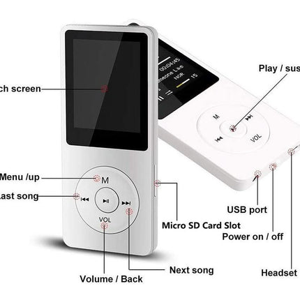 White MP3 player with labeled features on a white background