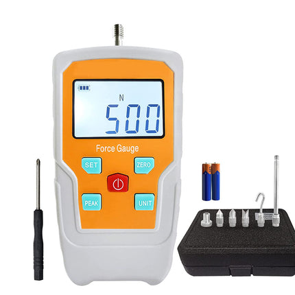 Force gauge with digital display and accessories on a white background