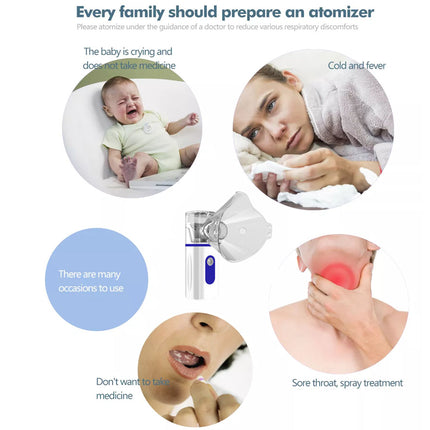 Advertisement for an atomizer with images of a baby, child, and person holding a red object on a white background.