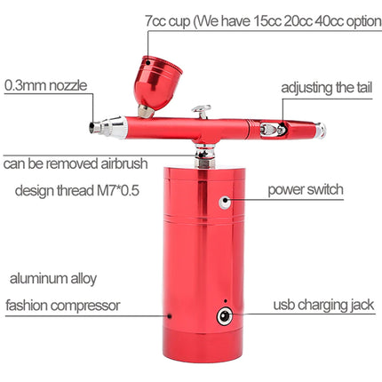 A red airbrush cylinder with a spray cup and nozzle, shown on a white background with labeled callouts pointing to parts such as the 0.3mm nozzle, power switch, USB charging jack, and adjusting the tail.