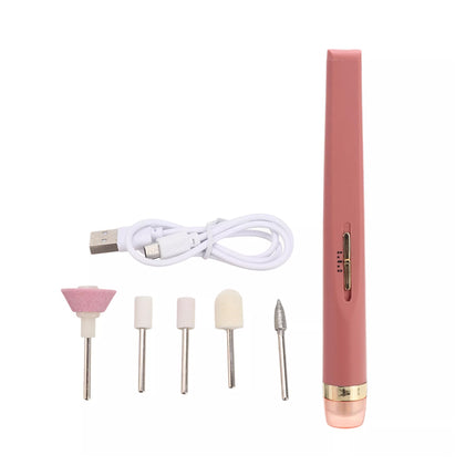 Pink nail drill with attachments and USB cable on a white background