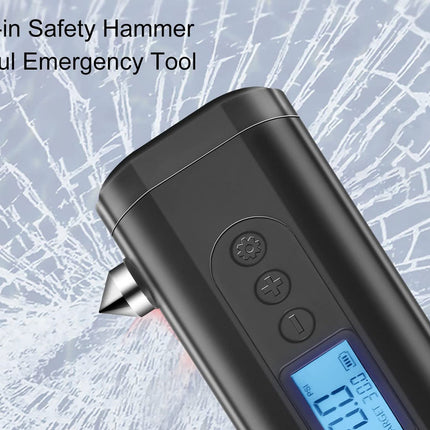 Black emergency safety hammer tool with a digital display screen and three control buttons, shown against a cracked glass background with text reading 'Built-in Safety Hammer Useful Emergency Tool'.