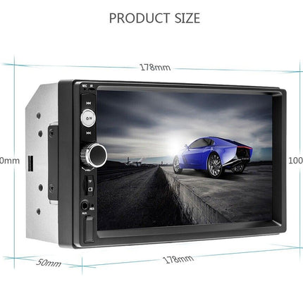 Car stereo with screen displaying a car on a road, surrounded by measurement dimensions.