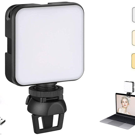 Portable LED light with USB cable on a white background, showing color temperature options.