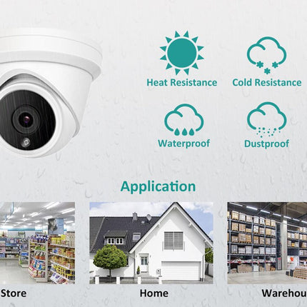 White security camera with features like heat resistance, cold resistance, waterproofing, and dustproofing on a white background.