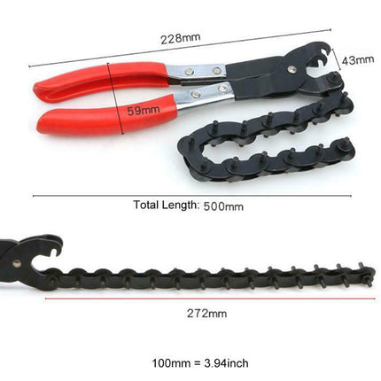 Chain breaker tool with measurements on a white background