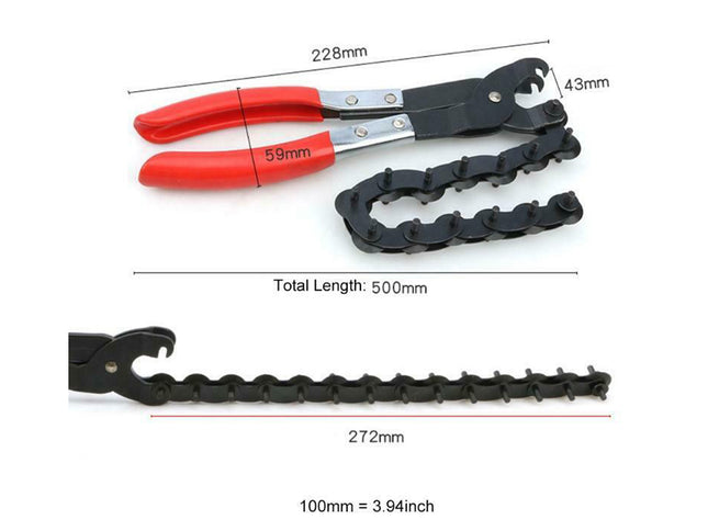 Chain breaker tool with measurements on a white background